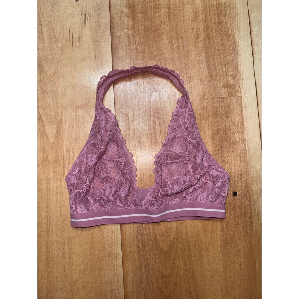 Colsie Mauve Pink Floral Lace Halter Bralette V-Neck Hook Eye Back Small